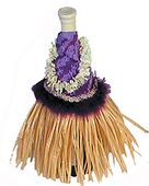 Grass Hula Skirt Wine Bottle Outfit. Hawaiian tiki bar accents. Exotic Wine accessories