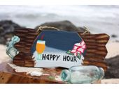 HAPPY HOUR with Plumeria Flowers and a Tropical Cocktail Tiki Bar Sign. Hawaiian Style Luau Decor. Gifts with Aloha...