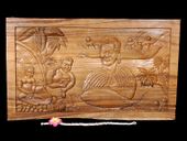"HAWAIIAN FISHERMAN" - ISLAND TREASURE Premium Acacia Koa Wood. Hand Carved Wooden Relief Wall Decor. Hawaiian Surfing Theme Art