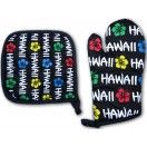 Hawaiian Pot Holder and Oven Mitt Set. Tropical Hibiscus Print. Quilted Potholders