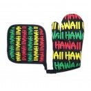 Hawaiian Potholder and Oven Mitt set. Beige RASTA COLORS Print. Tropical Kitchen Decor