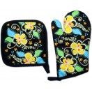 Hawaiian Potholder and Oven Mitt set. Tropical PLUMERIA Floral Print. Tropical Kitchen Decor