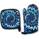 Hawaiian Quilted Potholder and Oven Mitt Set. Blue / Black Hawaiian Swirl Print. Tropical Kitchen Decor