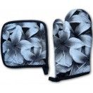 Hawaiian Quilted Potholder and Oven Mitt set. Black and White Hibiscus Floral Print Potholders