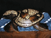 Hawaiian Sea Turtle Carving Features Traditional Shell Inlay. Oceanic Art
