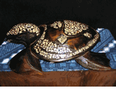 Hawaiian Sea Turtle Carving Features Traditional Shell Inlay. Oceanic Art