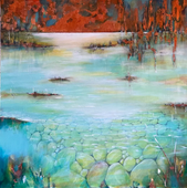 Honu Pond Sunset   - Original Copper Leaf Acrylic Painting  30" x 40"