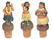 HULA DOLL Set OF 3 WINE CORKS. Hawaiian tiki bar accents. Exotic Wine accessories