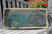 Humpback Whale with her Calf Storyboard. Hand Painted Wooden Relief. Artist Signed.