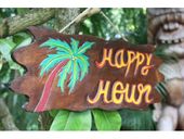 "HAPPY HOUR" Painted TIKI BAR SIGN. Wooden Plaque. Island Beach Bar Sign. Tropical Decor