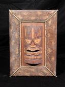 Large HAWAIIAN Framed Tiki Mask.  Antique Finish, Hand Painted Wood Carving. Oceanic  Art  Wall Decor. 