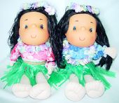 PAIR OF Baby KEKOA HULA GIRLS in Pink  and Blue Outfits. Premium Plush Toys. Soft Stuffed Toys. Hawaiian Gifts for Kids