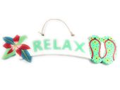 Relax Tiki Bar Sign in Turquoise with Plumeria Flower and Slippers. Tropical Decor.