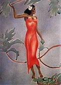 RetroGILL Air brush nouveau art deco poster. WOMEN IN RED DRESS. Forties Period Nostalgia Hawaiiana. Giclee matted print
