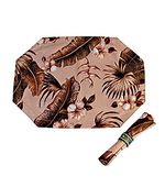 Set of 2   Quilted Floral  Placemats  with napkins. Vintage Brown Hibiscus Print Quilt  Placemat Set. Tropical Table Decor