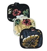 Set of 3 Hawaiian Oven Mitts. Hibiscus and Bamboo Floral Print. Tropical Kitchen Decor