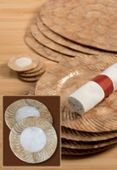 Set of 4 Capiz Shell Round Coasters, Embossed Slant - Goldl Finish. Tropical Table Accents. Hawaiian Gifts with Aloha...