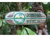 SUNSET BEACH Surfboard Sign with Painted Surfing Scene. Roxy Surf Art. Tropical Tiki Decoration. Hawaiian Gifts with aloha..