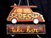 SURF'S UP, TIKI BAR  Classic Woody Car Sign. TROPICAL TIKI BAR DECOR