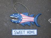 SWEET HOME Red, White and Blue  SHARK ATTACK Wood Sign -  STARS AND STRIPES Sign - Patriotic Americana Decor
