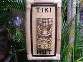 TIKI HUT Bamboo Sign with Carved Mask and Lauhala Matting. Hawaiian Style Beach Bar Decor