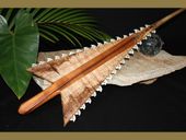 34" PREMIUM LEI O MANO W/ BLUE MARLIN BILL  - 36 SHARK TEETH  Curly Koa Wood Polynesian War Club