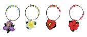 TROPICAL FLOWERS Set of 4 Wine Glass Charms. Hawaiian tiki bar accents. Exotic Wine accessories. Tropical Table ware