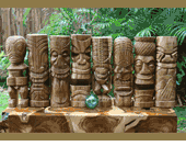 Ultimate Set of 8 Premium Monkey Pod Wood Outdoor Tiki Totems Statues Natural Color