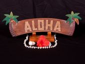 Vintage ALOHA Tiki Bar Sign. Hawawaiian Island Style Welcome Wood Sign. 
