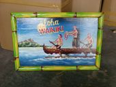  VINTAGE ALOHA, WAIKIKI Nostalgia Beach Sign with Outrigger Canoe - 24" X 16" - HAWAIIAN SURF DECOR
