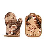 Vintage Brown  Hibiscus Floral Print Oven Mitts. Hawaiian Tropical Kitchen Decor