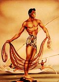 Vintage GILL Airbrush Art-Deco Painting.  NET FISHERMAN. Nostalgia hawaiiana, retro Giclee print