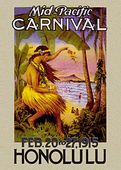 Vintage Hawaiiana  Nostalgia MID PACIFIC CARNIVAL Festival Poster with Topless Hula Girl in grass skirt. Plantation style, 1920's period art. Travel advertising print