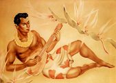 Vintage UKULELE PLAYER by GILL. Retro Air Brush Art Deco Poster. 1940's Nostalgia Hawaiiana, Plantation Style, Giclee Art Print