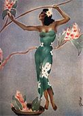 Vintage WAHINE IN GREEN DRESS by GILL. 1940's retro Airbrush Art Deco matted poster. Nostalgia Hawaiiana. Plantation style painting