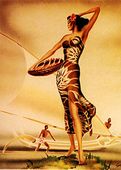Vintage WOMAN WITH FISH by GILL. Retro 1940's Airbrush Art Deco Poster. Nostalgia Hawaiiana, Giclee print