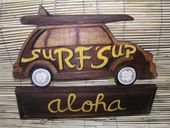 Vintage Woody with Surfboards SURF's Up ALOHA Tiki Bar Sign. Hawaiian Surfing Decor