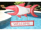 WELCOME Shark Attack Tiki Sign - Nautical Beach Decor -Available in Blue, Red and Yellow Coastal Colors