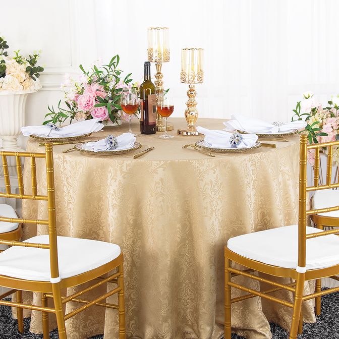 120 inch Damask Jacquard Polyester Linens Tablecloths Champagne