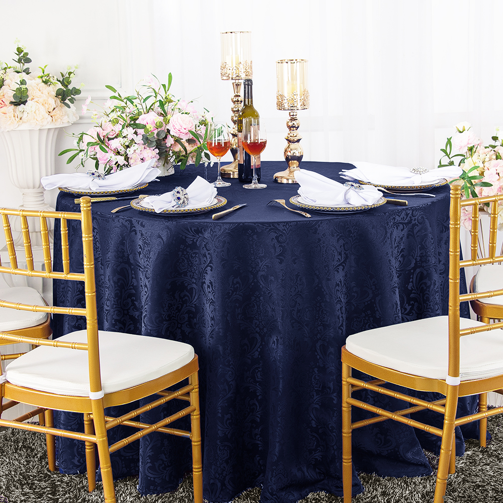 120 inch Damask Jacquard Polyester Linens Tablecloths Navy Blue