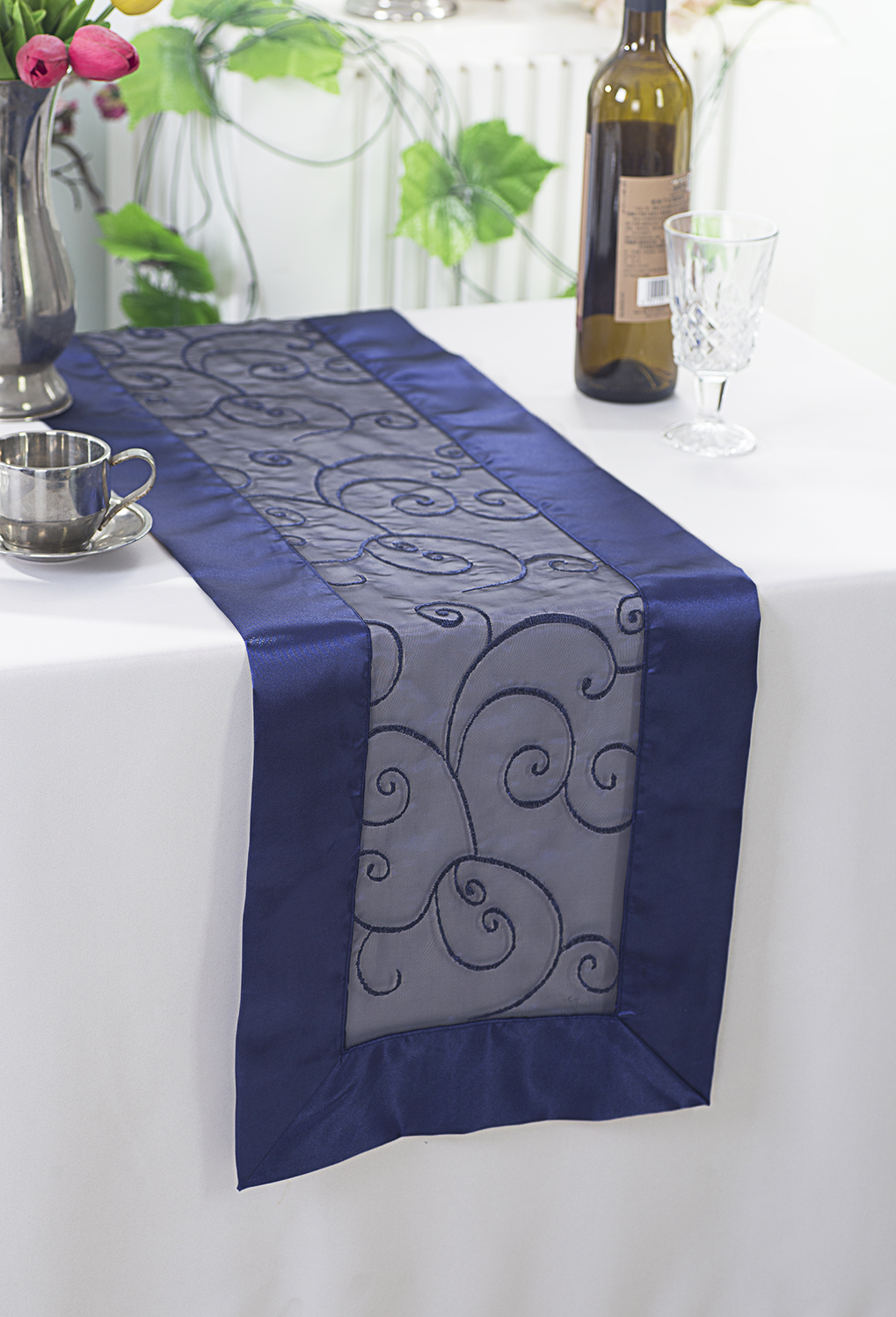 Navy Blue Swirl Embroidered Organza Table Runners