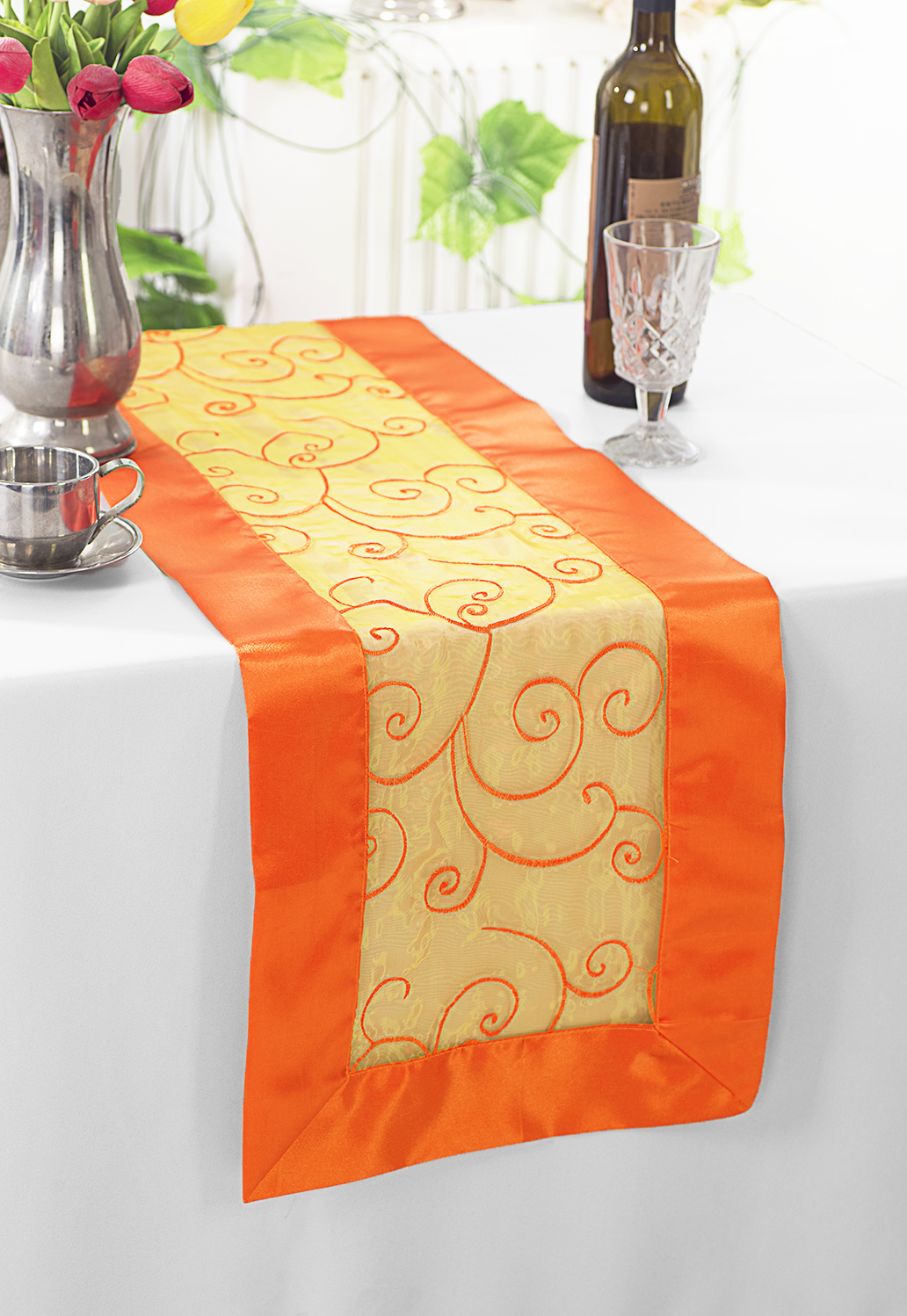 Orange Swirl Embroidered Organza Table Runners
