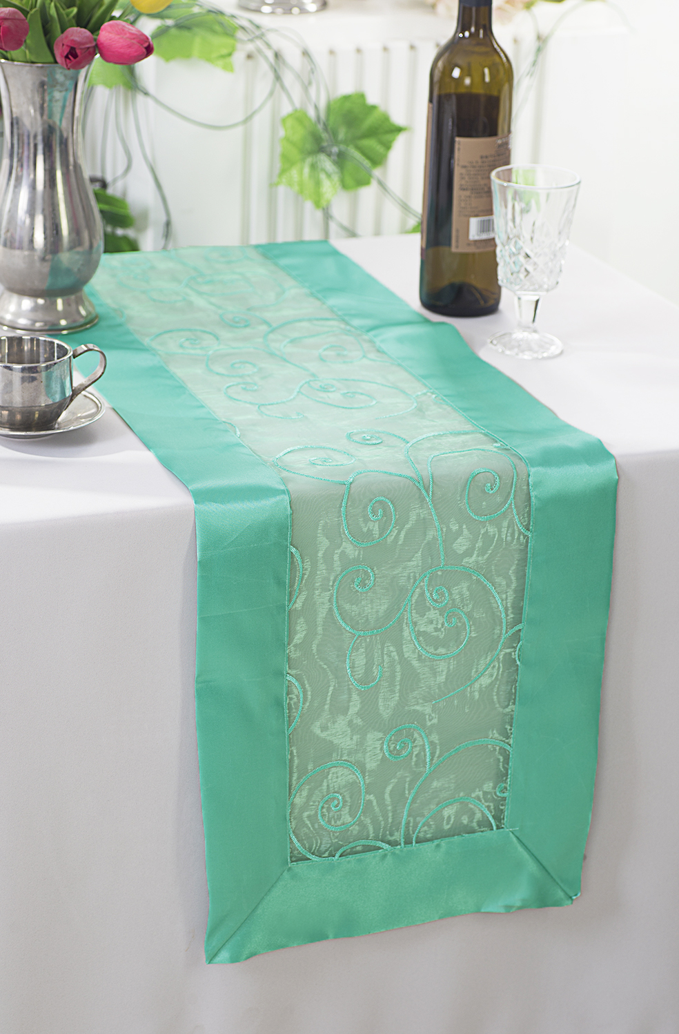 Tiff Blue / Aqua Blue Swirl Embroidered Organza Table Runners