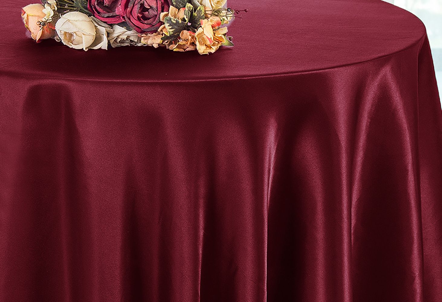 132 round Burgundy satin tablecloths
