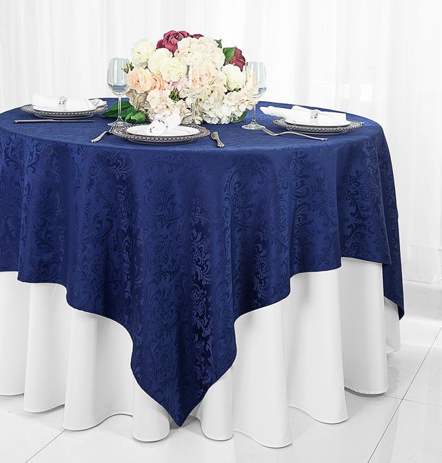 Navy Blue Damask Table Overlays, Jacquard Table Toppers
