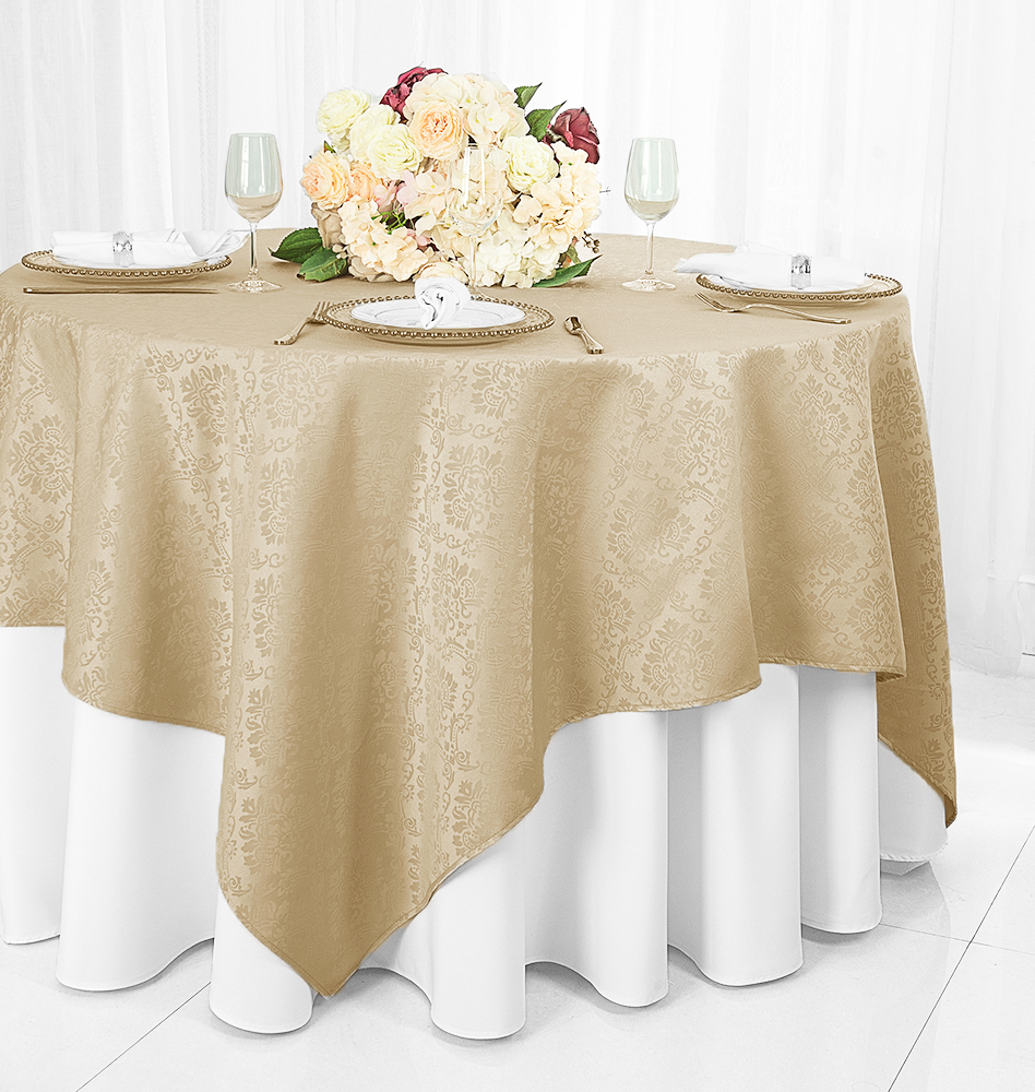 Champagne Damask Marquis Table Overlays, Jacquard Table Toppers