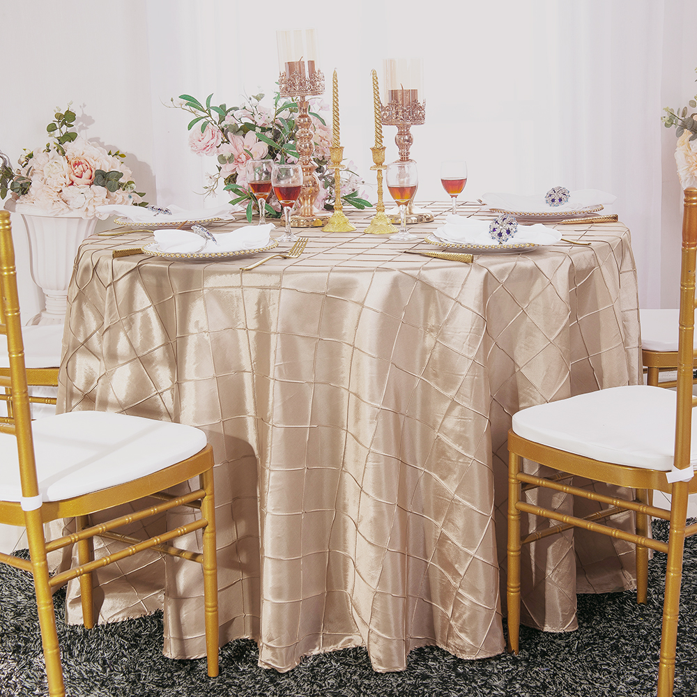 Champagne 90" round pintuck taffeta tablecloths wholesale