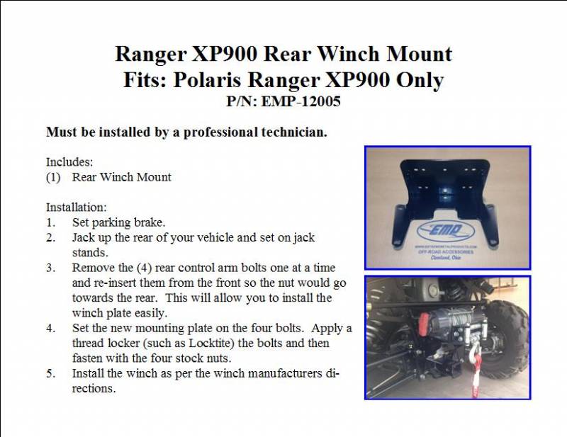 Polaris Ranger XP 900 XP 570 XP 1000 Rear Winch Mount