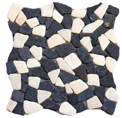 Black and White Mixed Flat Pebbles Tumbled Marble Floor and Wall Tile