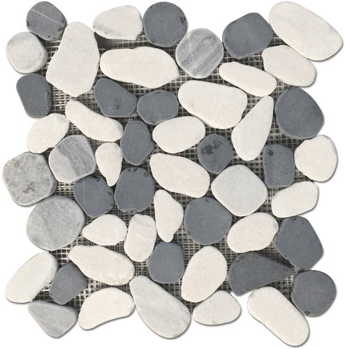 Nero and Carrara Pebbles Flat Sliced Matte Finish Mesh Mosaic Tile